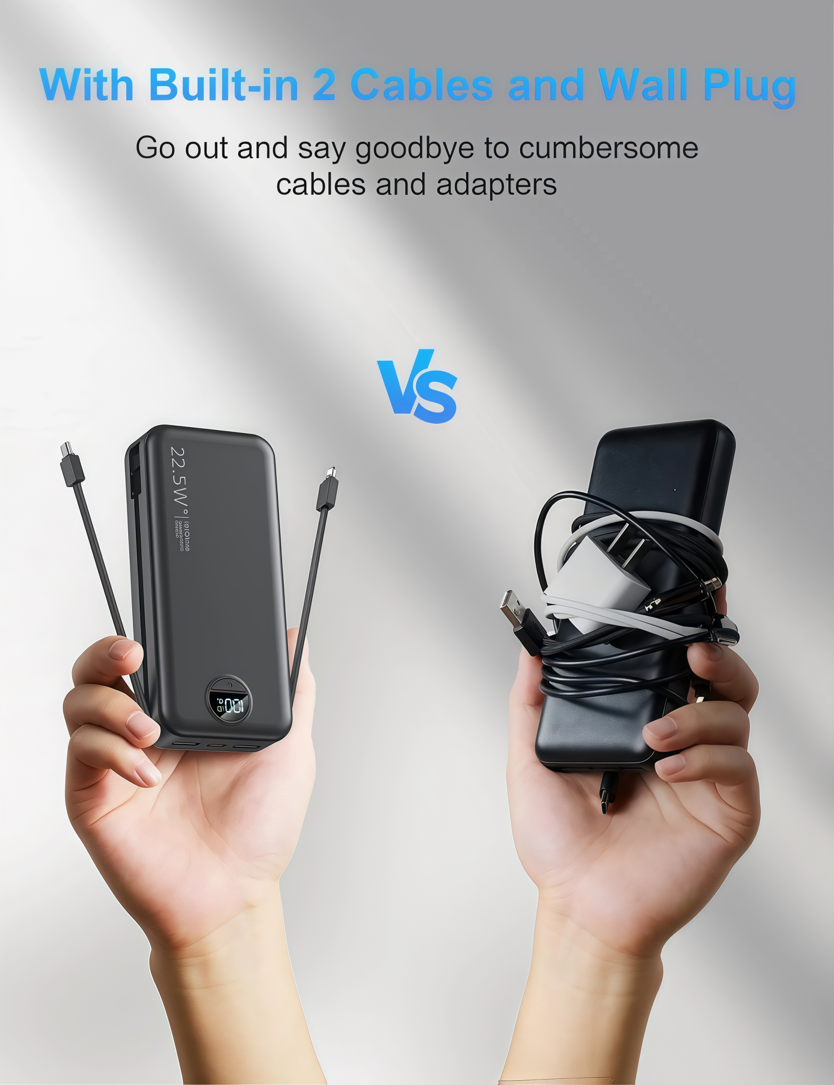 20000mAh Portable Charger Power Bank for iPhone, Cell Phone Portable Power Banks with Built-in Cables and AC Wall Plug, Dual USB Output Battery Pack for Android, Galaxy, Pixel