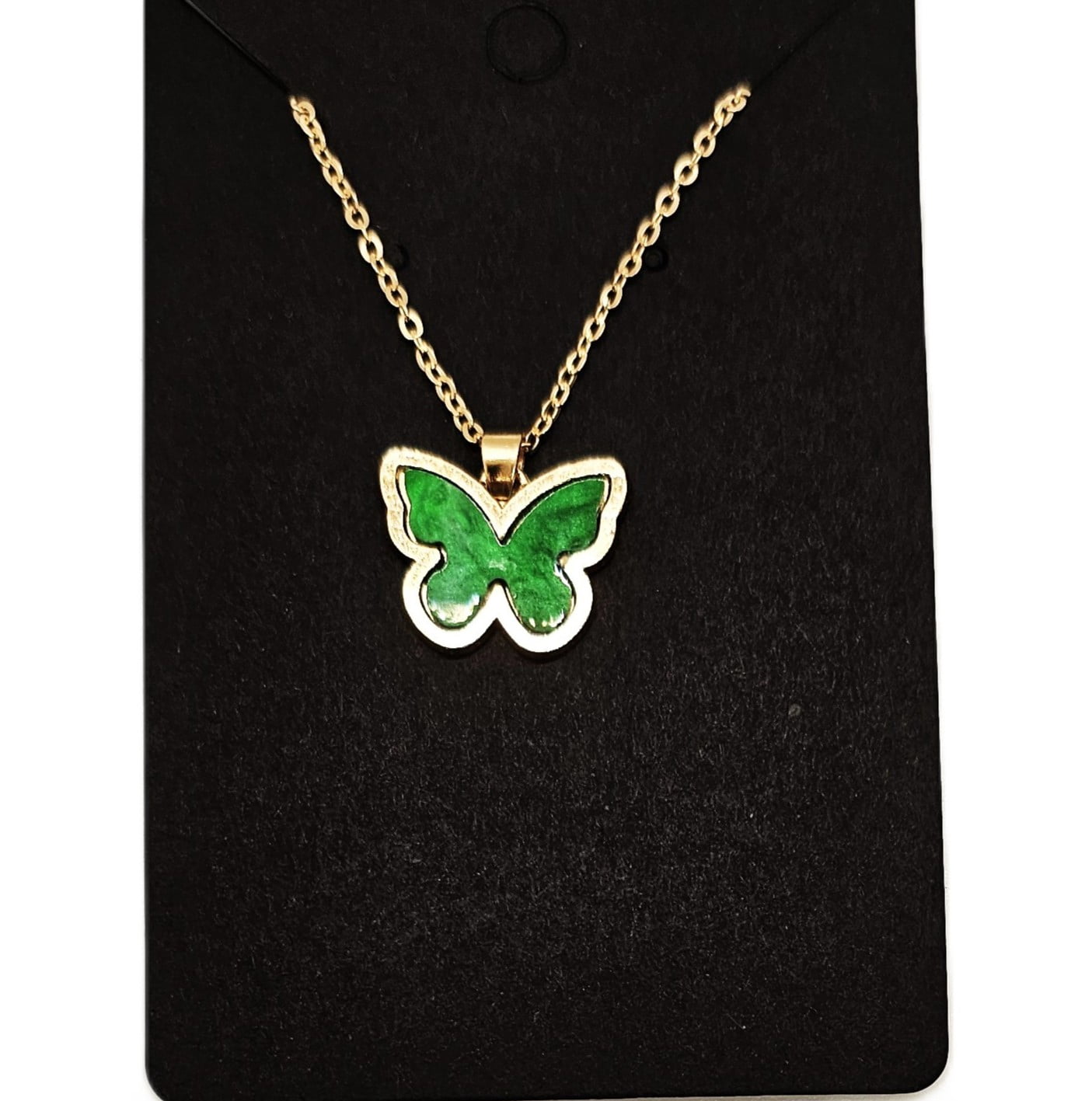 Green Enamel Butterfly Necklace, Gold Tone