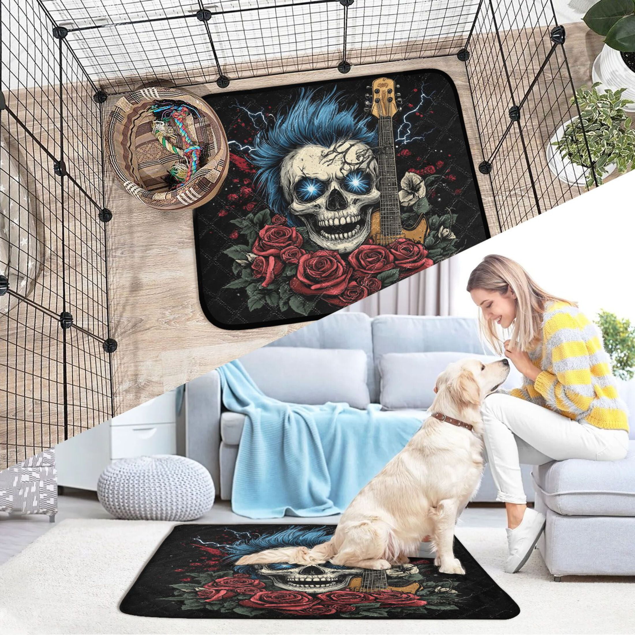 Qxltty Blue Hair Skull Guitar Pattern Cat litter Pads Pet Set of 3 Diaper Mats Center Anti-leakage Layer Absorbent Soft and Comfortable