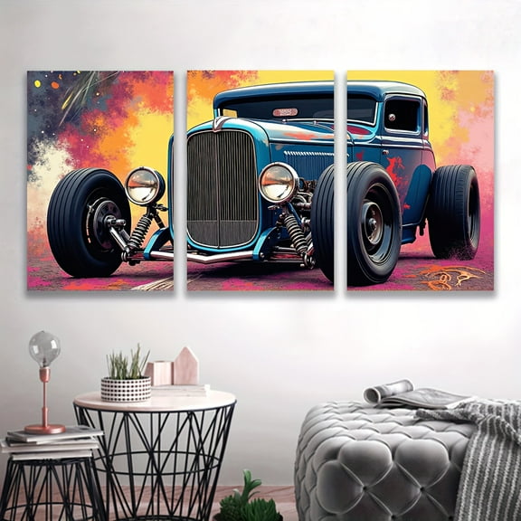 3pcs Frameless Canvas Wall Art - Vintage Hot Rod Car Paintings, Vibrant Spray-Painted Art Deco Style with Bold Colors, Vertical Wall Decor for Living Room, Bedroom, Office, Bar - Perfect Birthday &
