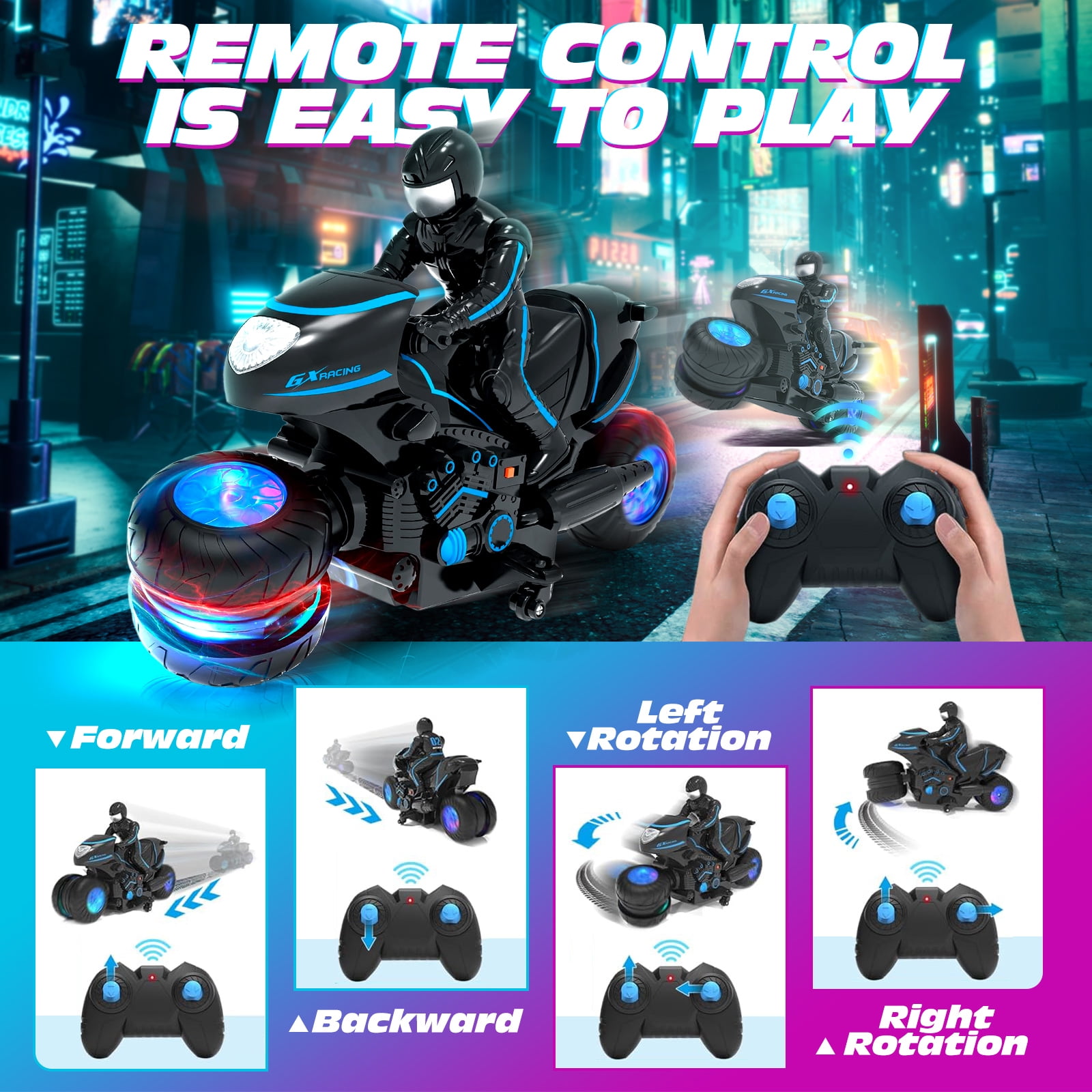 Tecnock RC Motorcycle, Remote Control Motorcycles with LED Lights, RC Cars Dirt Bike Toy, 360° Spins and Flips, Gift for Kids
