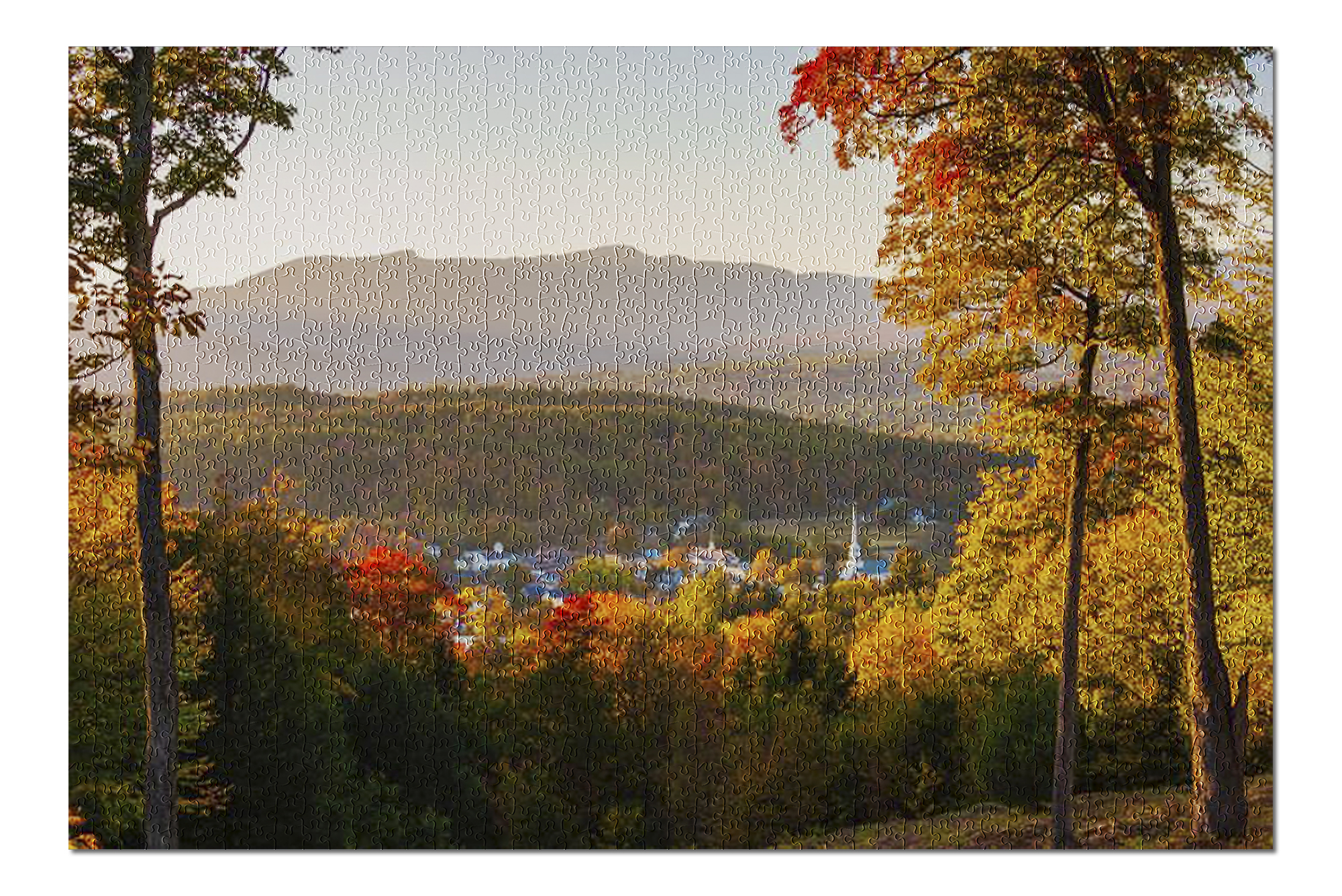 Overlooking a Peaceful New England Village in the Autumn at Sunset