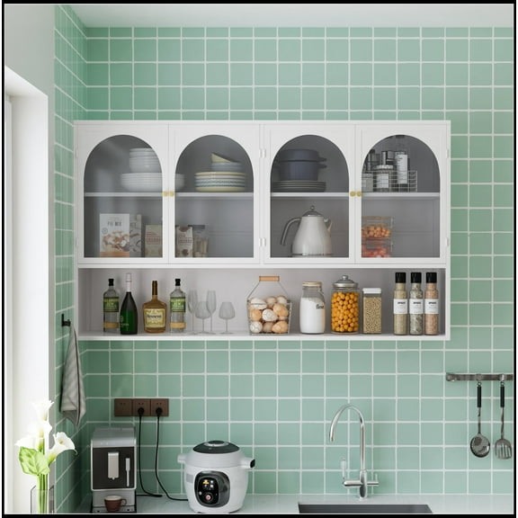 47.25" Four-door Glass Wall Cabinet Storage, Wall-mounted,Suitable for Kitchen, Living Room, Bathroom