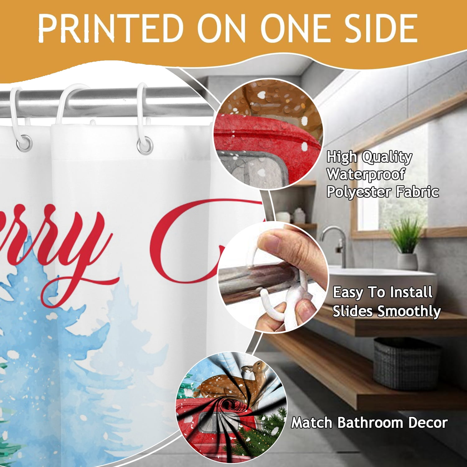 Mizhona Merry Christmas Shower Curtain Xmas Tree Snowman Red Truck for Bathroom Holiday Winter New Year Waterproof Decor 72"x78"