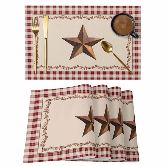 Western Texas Star Retro Placemats Set of 6, Rustic Vintage Farm Red Beige Plaid Placemats for Dining Table, Place Mats for Kitchen Tabletop, Waterproof Wipeable Dining Table Mats Set