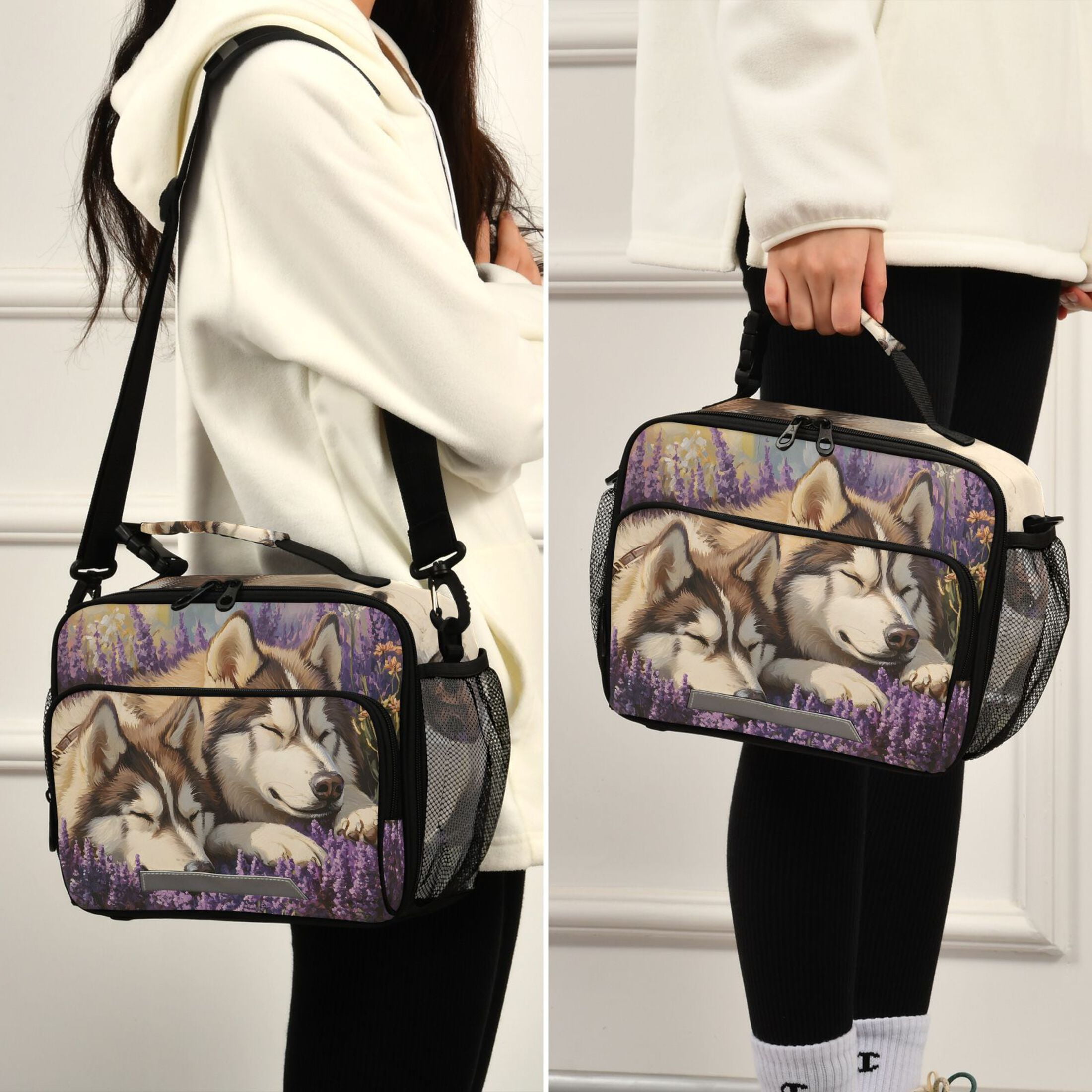 ALAZA Huskies Dog in Lavenders Lunch Box Insulated Cooler Bag Reusable Tote Bags Shoulder Strap