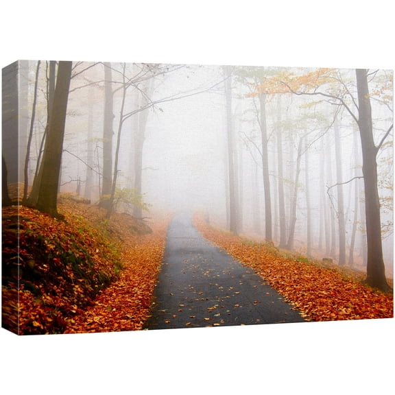 wall26 Canvas Print Wall Art Foggy Autumn Forest Path with Orange Leaves Nature Wilderness Photography Modern Art Rustic Scenic Colorful Multicolor for Living Room, Bedroom, Office - 12"x18&quot