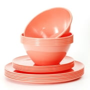 Youngever 18 Pieces Plastic Kitchen Dinnerware Set, Plates (8 Inch & 10 Inch), Bowls (32OZ), Service for 6 (Peach)