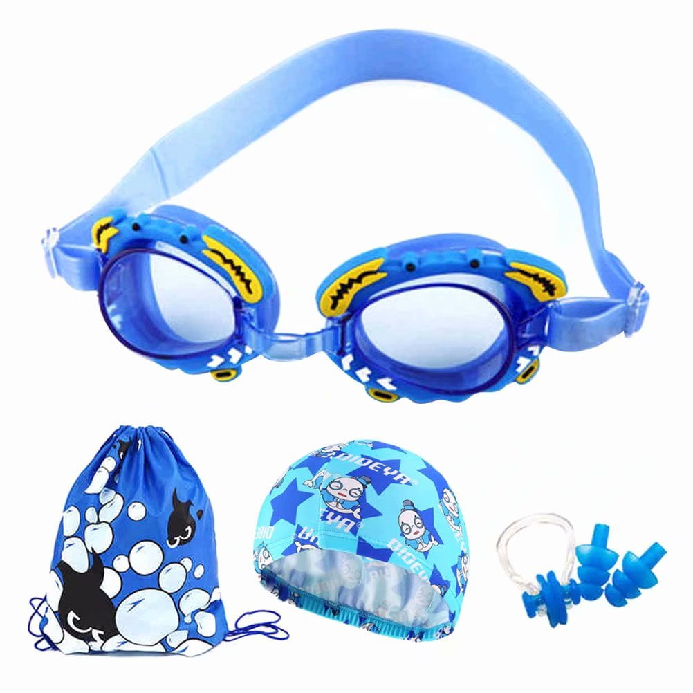 Kids Swimming Goggle,Outdoor Children's Waterproof Anti-Fog HD Swimming Goggles Swimming Cap Set-Dark Blue by