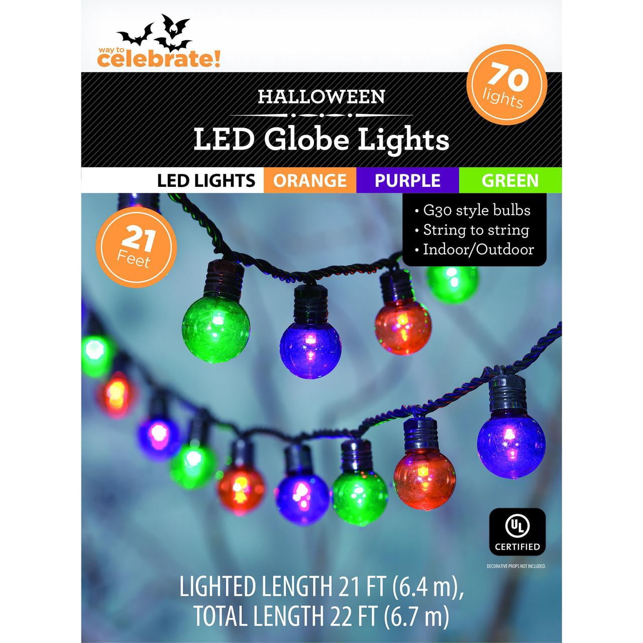 Multicolor Lights, 70CT, LED G30 Globes, 21ft, Halloween Indoor/Outdoor, by Way To Celebrate