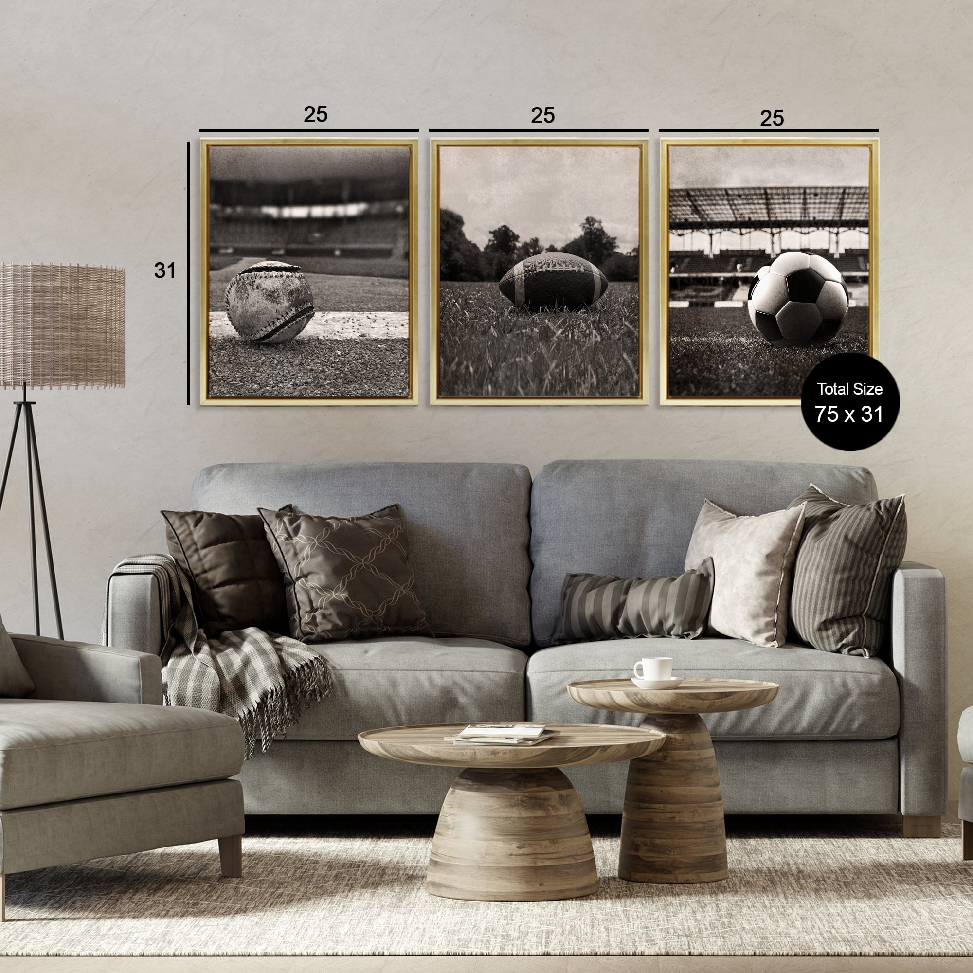 Stupell Industries Vintage Sports on Field 3 Piece Gold Framed Floater Canvas Set, design by Marcus Prime