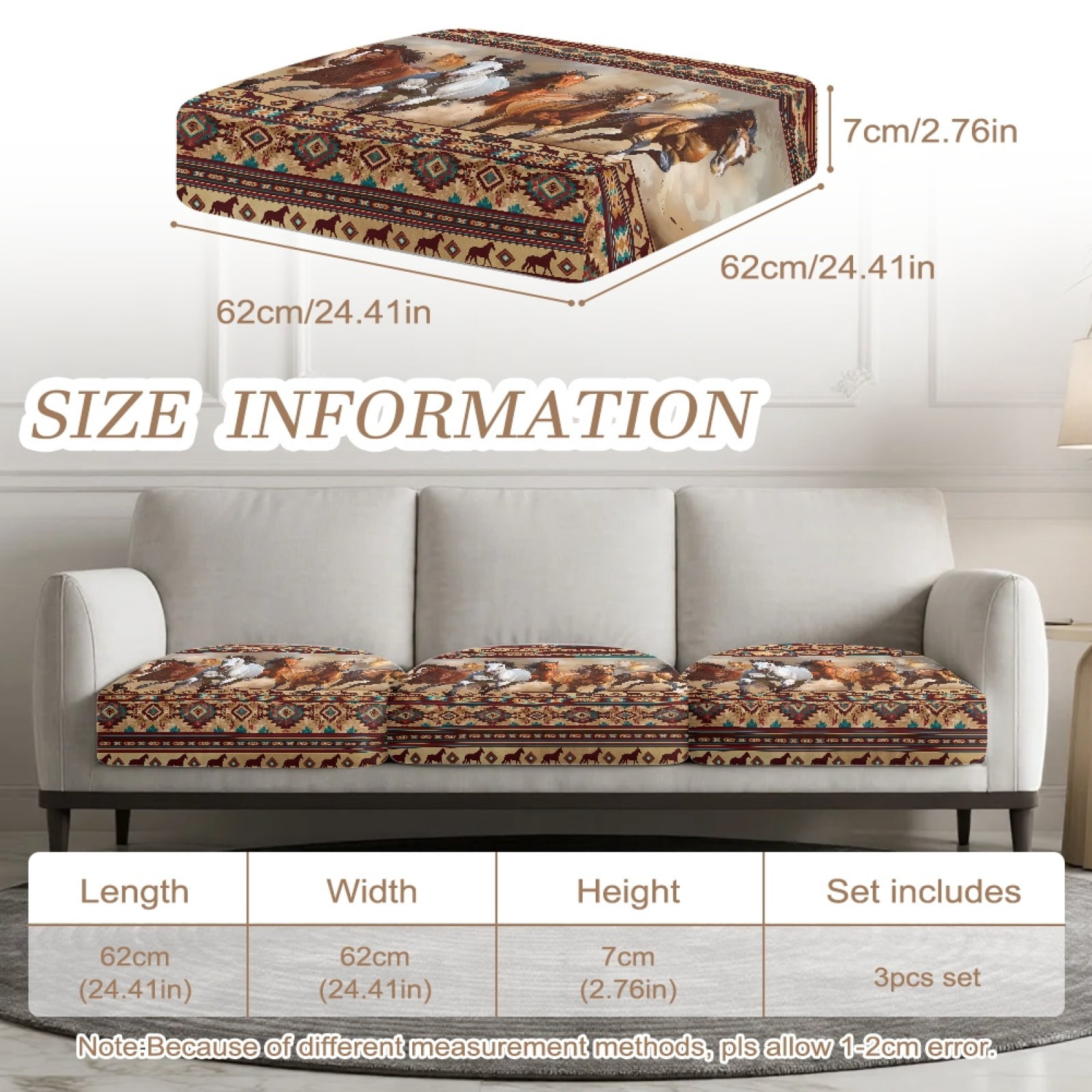 Xoenoiee Aztec Horse Print Stretch Seat Cushion Cover Sofa Cushion Furniture Protector for Sofa Seat, American Tribal Geometric Sofa Slipcover Furniture Protector with Elastic Bottom, Set of 3
