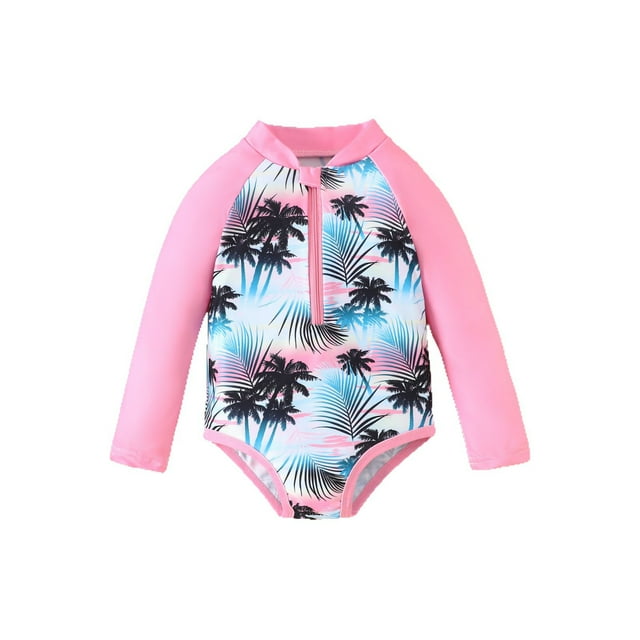 Zanarzt Infant Girls Swimsuit Girls Swimsuit with Long Sleeves Triangle Cut Bottom Zipper Closure Full Print Coconut Tree Pattern Rashguard Swimwear Pink,3-4 Years
