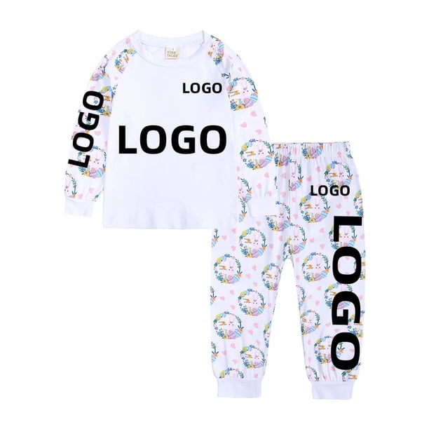 Conjuntos de pijamas personalizados para el día de Pascua de manga larga para niños y niñas, ropa de dormir cómoda y encantadora con estampado en forma de conejo y corazones, añade tu texto