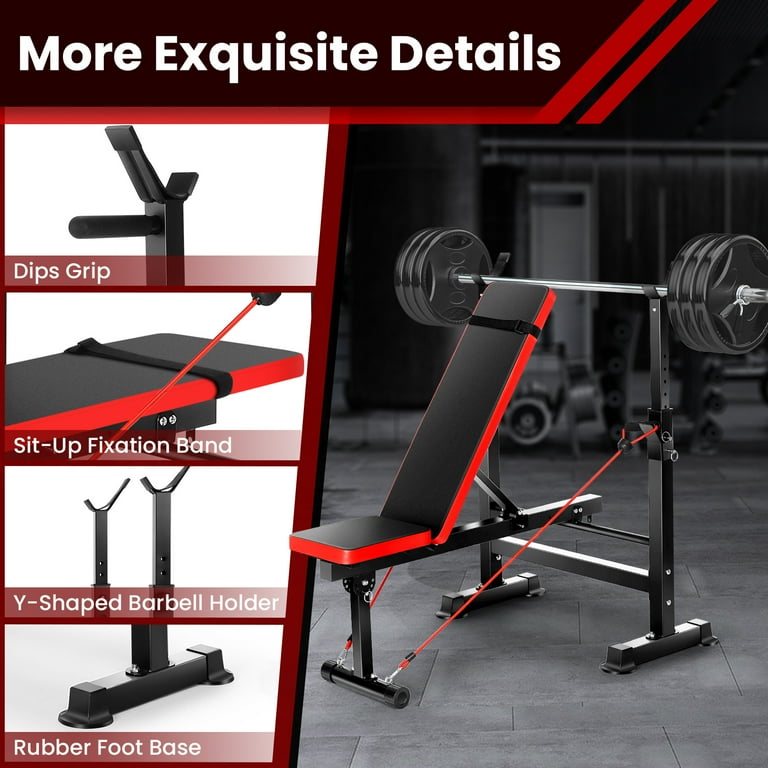 VIBESPARK Adjustable Weight Bench 600lbs 4 in 1 Foldable Workout Bench Set with Barbell Rack Pull Rope Multi Function Strength Training Bench Press