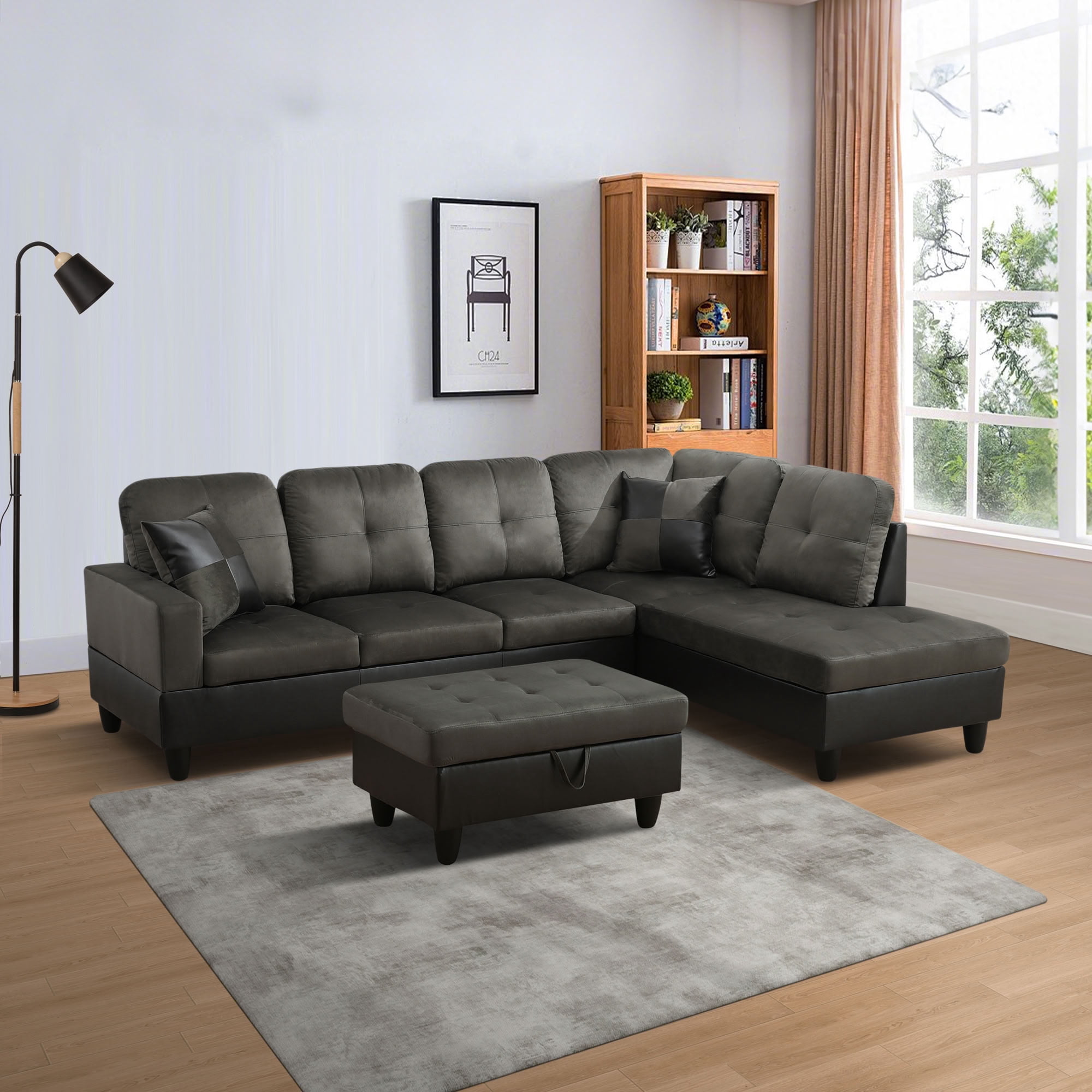 MAYEERTY L-Shaped Sectional Sofa Set, Flannel Modular Couch with Storage Ottoman & Chaise for Living Room Family Room, Taupe