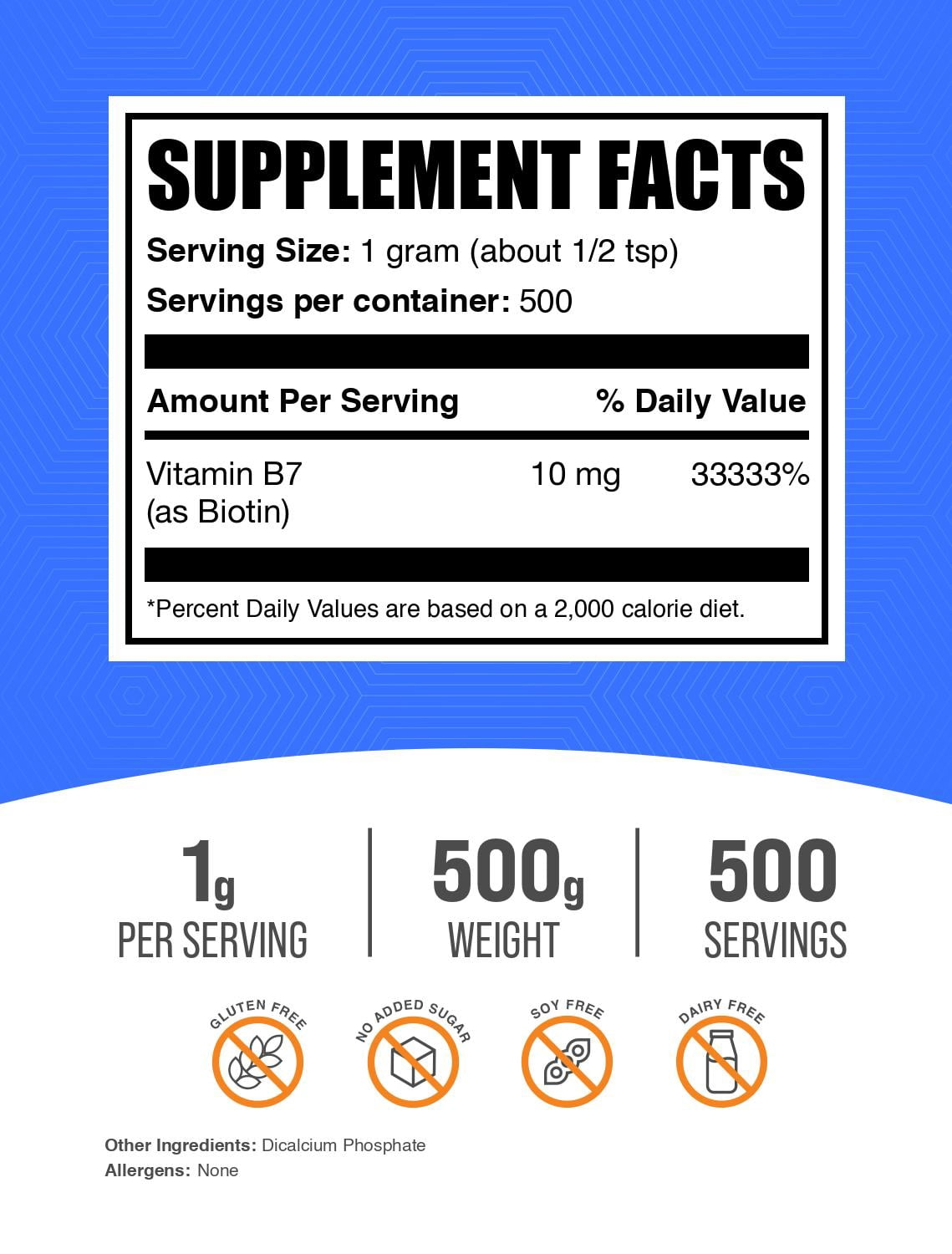 BulkSupplements Biotin Powder - Vitamin B7, 10mg per Serving - 500 Grams (1.1 lbs) - 50000 Servings