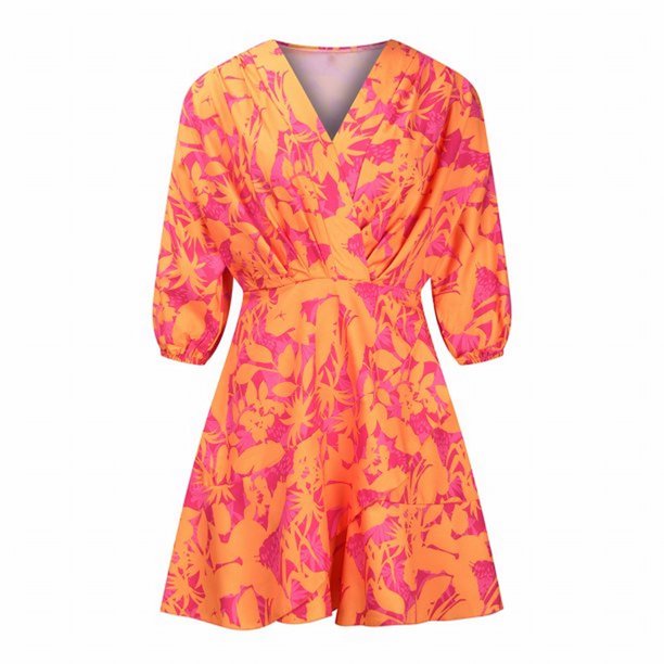 Gibobby Vestido de punto para mujer Vestido floral con dobladillo irregular para mujer Vestido elegante de gasa con manga murciélago y flores(Naranja,XL)