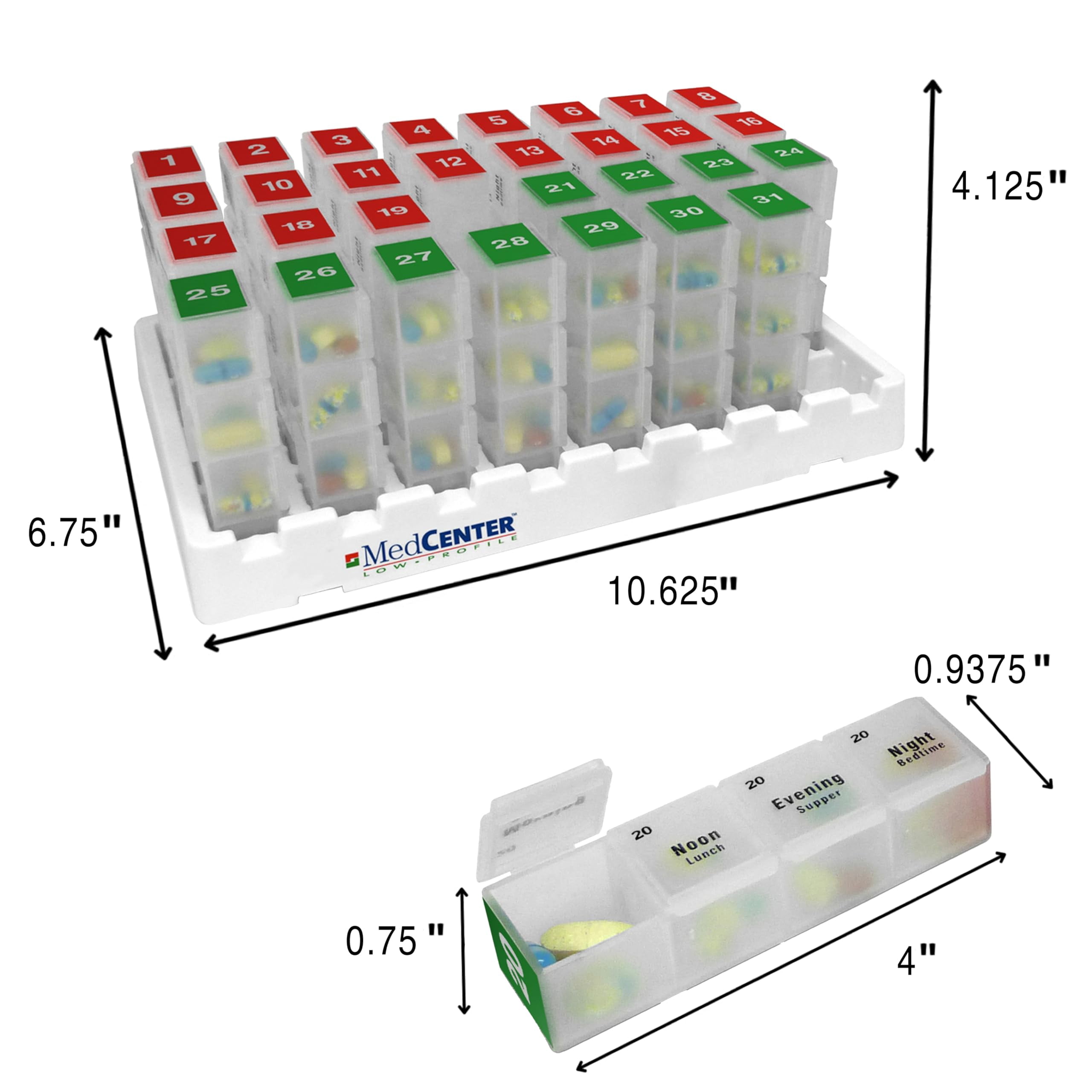 MedCenter 31-Day HSA/FSA Low Profile Pill Organizer with Travel Pouch & Tweezers – Monthly Medication Management System with Daily Labeled Pill Boxes for Home & Travel Use