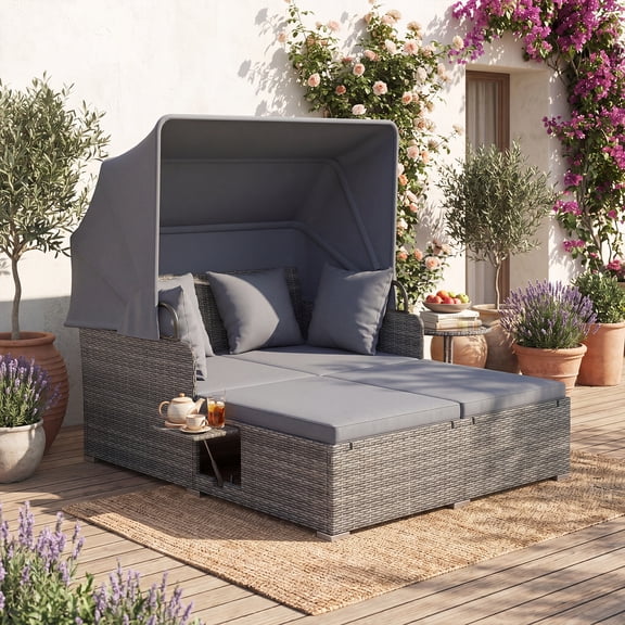 ELLEGNT Rattan Daybed Lounge – Retractable Canopy, Side Tables and Cushions for Patio Relaxation, Beige   Gray