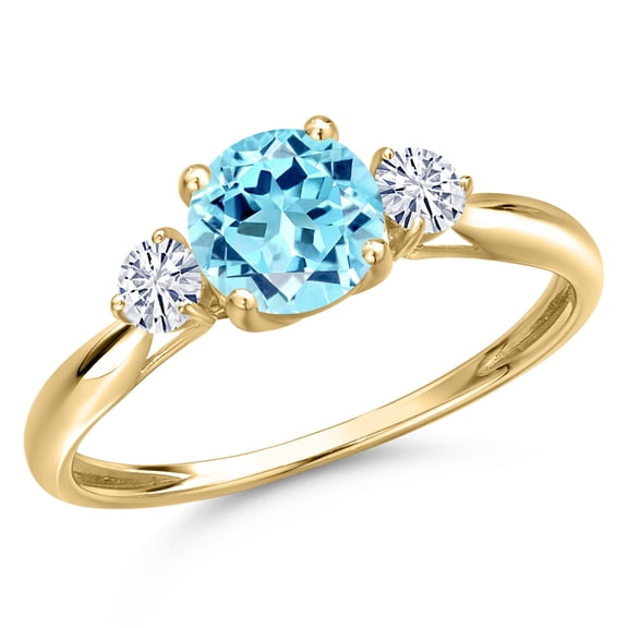 Gem Stone King 10K Yellow Gold Blue Apatite and White Moissanite 3-Stone Ring for Women | 1.02 Cttw | Round 6MM | Gemstone Birthstone | Size 7