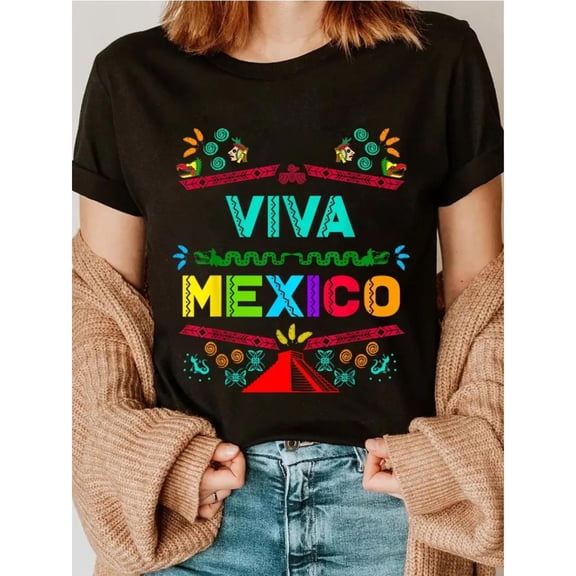 Patriotic Themed Graphic Tee,Tops Has "VIVA MEXICO" Text with Mexican Cultural Elements (Aztec - style Patterns, Pyramid), Round Neck Regular Fit T - shirts, Size(S - 5XL)