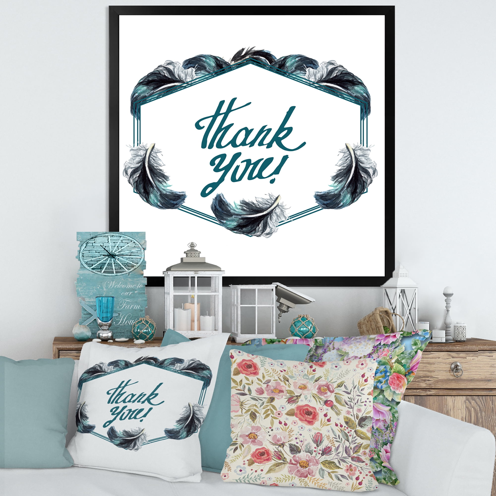 Designart 'Black Boho Art Feathers Thank You' Bohemian & Eclectic Framed Art Print