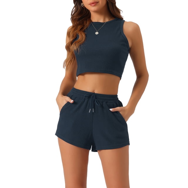 Conjunto de pijama de punto waffle para mujer INSPIRE CHIC, compuesto por top sin mangas y pantalones cortos, conjunto de lounge a juego, sudadera corta con bolsillos, talla XL, azul marino