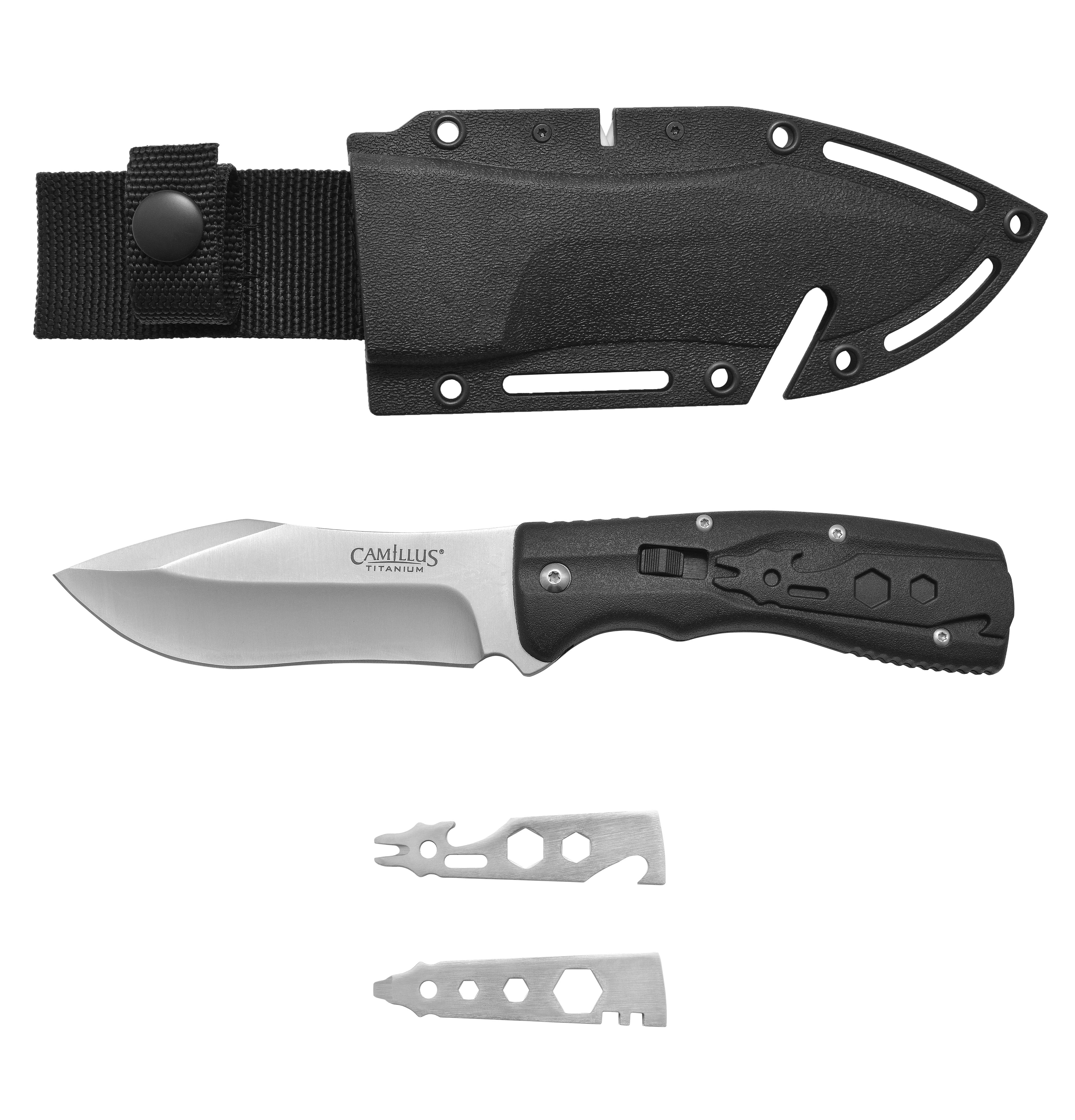 Camillus Injekt 9" Multi-Tool Survival Knife, Fixed 4.25" Blade with Sharpener and Sheath, Black Walmart.com