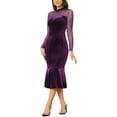 thumbnail image 4 of INSPIRE CHIC Women's Dress Elegant Velvet Sheer Mesh Mock Neck Midi Cocktail Dresses XS Dark Purple, 4 of 6