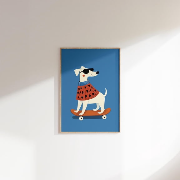 Cool Dog On Skateboard Art Poster Fun Animal Poster For Room Whimsical Wall Art Room Blue Nursery Decor Cute Nursery Art, Unframed Poster Size 8x12