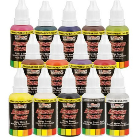 U.S. Art Supply® 12 Color 1oz Transparent AIRBRUSH Paint Set w Cleaner &