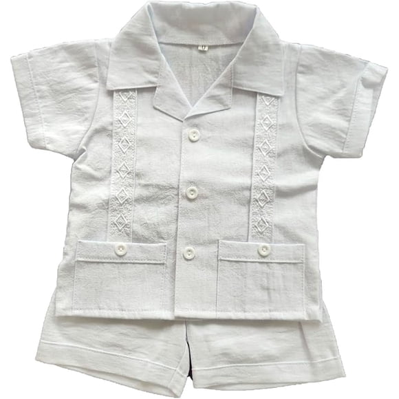 Guayabera para Bebé Pañalero con Short, Conjunto Mexicano de 2 Piezas para Niño, Guayabera Infantil de Manga Corta