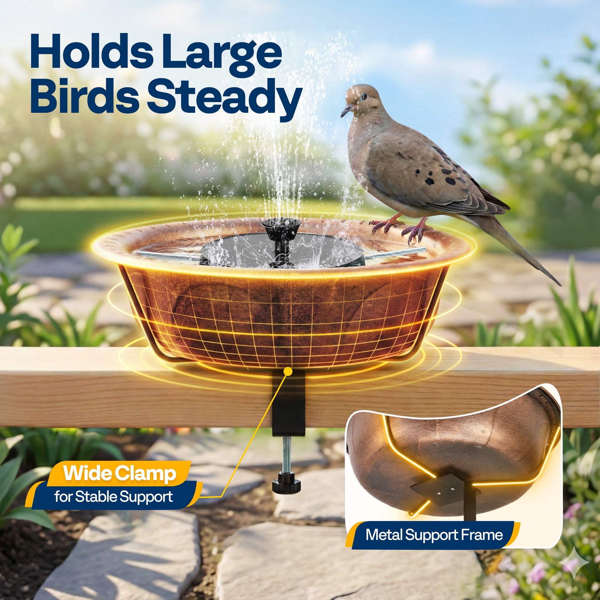 SPECSTAR Deck Mounted Bird Bath with Solar Fountain, Outdoor ABS Birdbath Bowl with Adjustable Metal Clamp, Solar Powered Pump for Railing, Fence, Balcony, 1.45 Gallons, Bronze