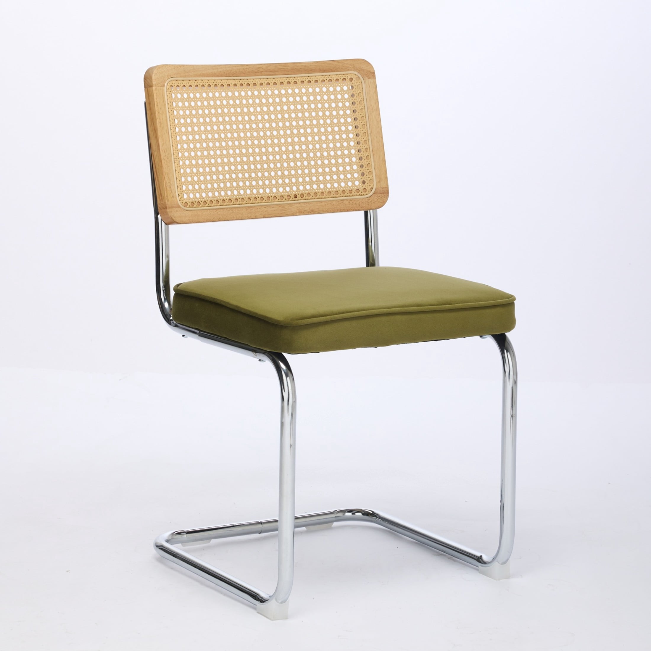 Noble House Muse Modern Upholstered Velvet Dining Chairs, Rattan Back and Stainless Base, Olive Green, Set of 2
