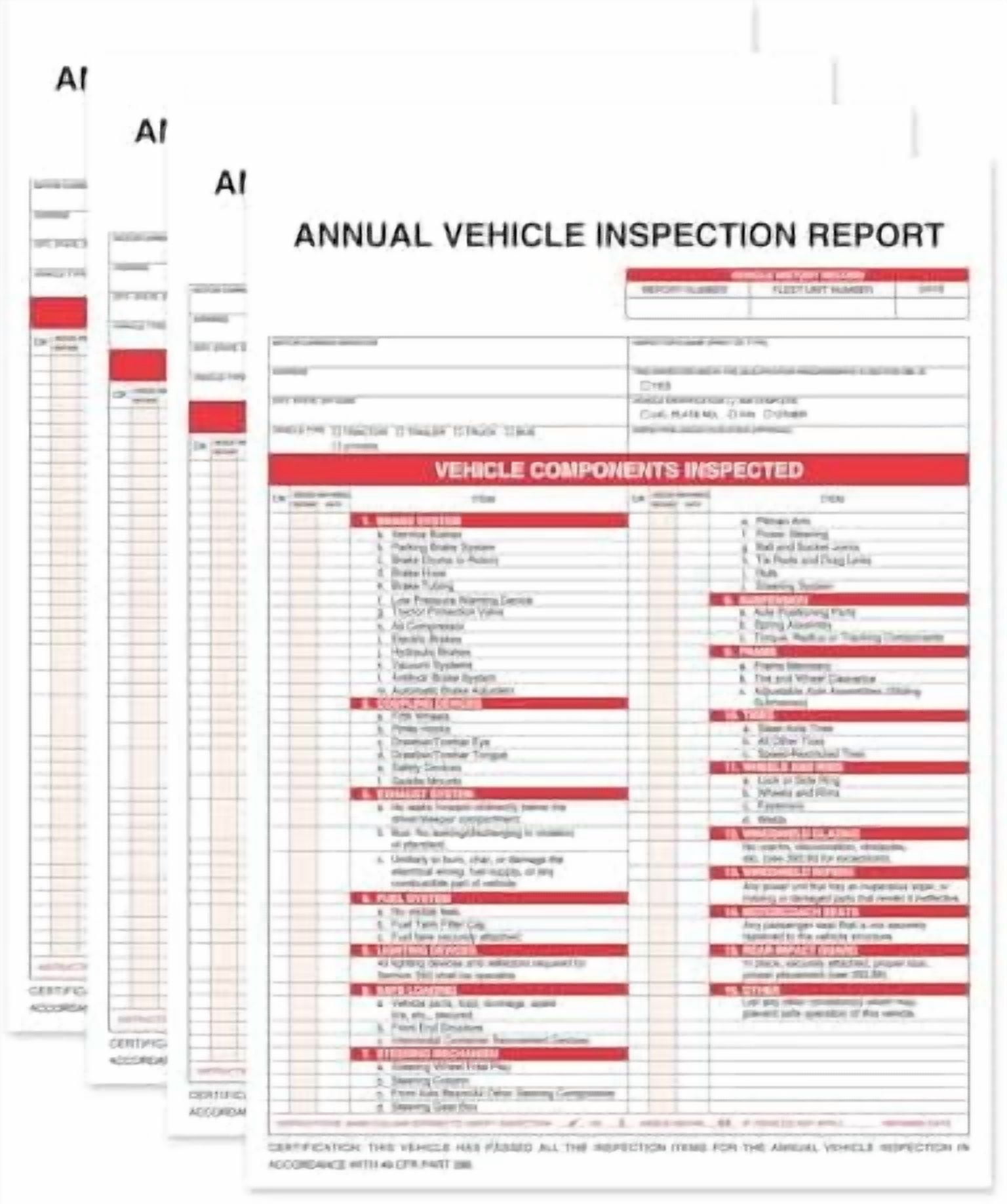 Annual Vehicle Inspection Report Form 25-pk 3-Ply Carbonless, 8.5" x 11.75" + Label Aluminum, Permanent Adhesive 6" x 3.5"