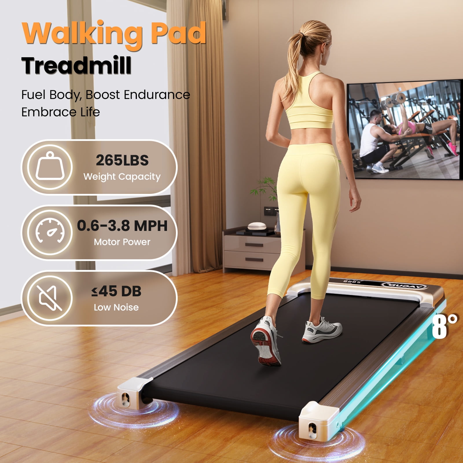 Yagud Walking Pad Under Desk Treadmill with 8°Incline and Wheels for Home and Office, 2.5 HP Portable Walking Jogging Running Machine with Remote Control and LED Display, Silver
