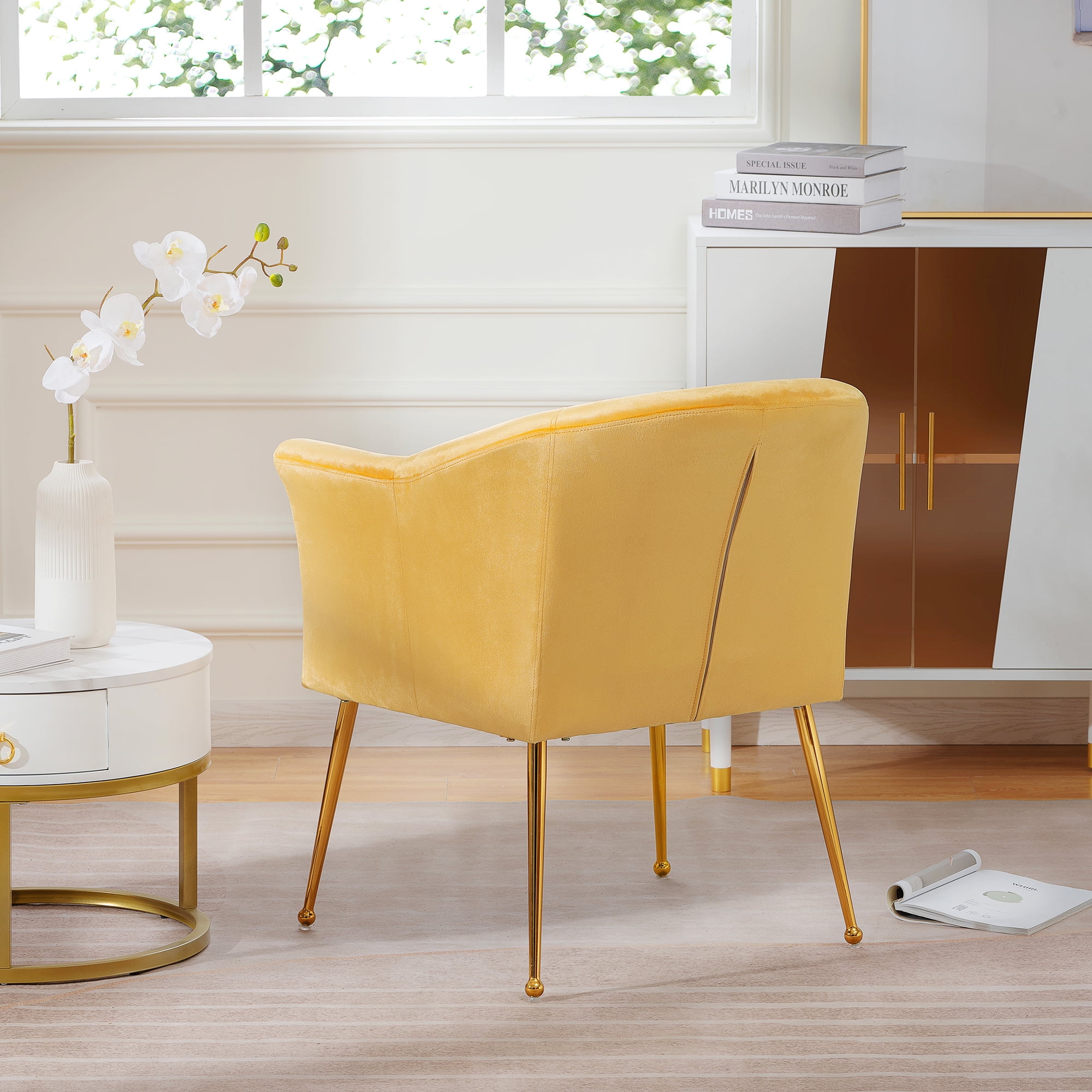 Kadyn Polyester Accent Chair, Modern Armchair with Gold Metal Legs, Single Reading Chair for Living Room, Yellow