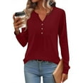 thumbnail image 2 of HVOBTTY Women's Long Sleeved T Shirt, Fall and Winter Tops for Women, Women's Casual Solid Color Long Sleeve V Neck Loose Button Lightweight T Shirt Wine, Wine, 2 of 5