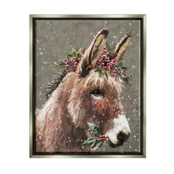Stupell Industries Winter Donkey Snow Falling Holiday Painting Gray Floater Framed Art Print Wall Art