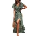 thumbnail image 1 of Vestido de mujer con escote en V, manga corta, vestido cruzado alto bajo, vestidos casuales, 1 of 5