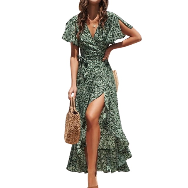 Vestido de mujer con escote en V, manga corta, vestido cruzado alto bajo, vestidos casuales
