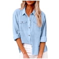thumbnail image 3 of Women Shirts Button Down Solid Color Lapel Collared Spring Tops Summer Long Sleeve Dressy Casual Work Blouses Business, 3 of 8