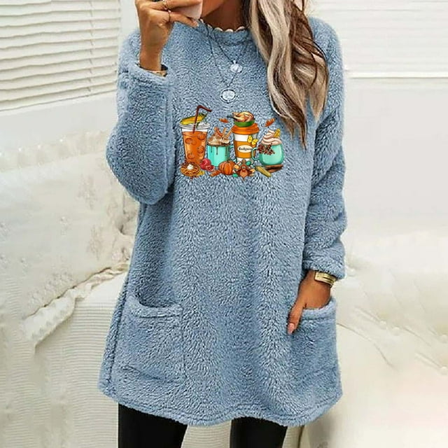 Hauts pour Femmes à Manches 3/4, Col Rond et Imprimé d'Hiver Ample avec Poche, Blouse Chaude à Manches Longues en Liquidation