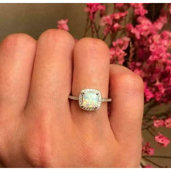 2Ct Cushion Lab Created Fire Opal Halo Engagement Ring 14K White Gold Plated Sterling Silver Gift For Her