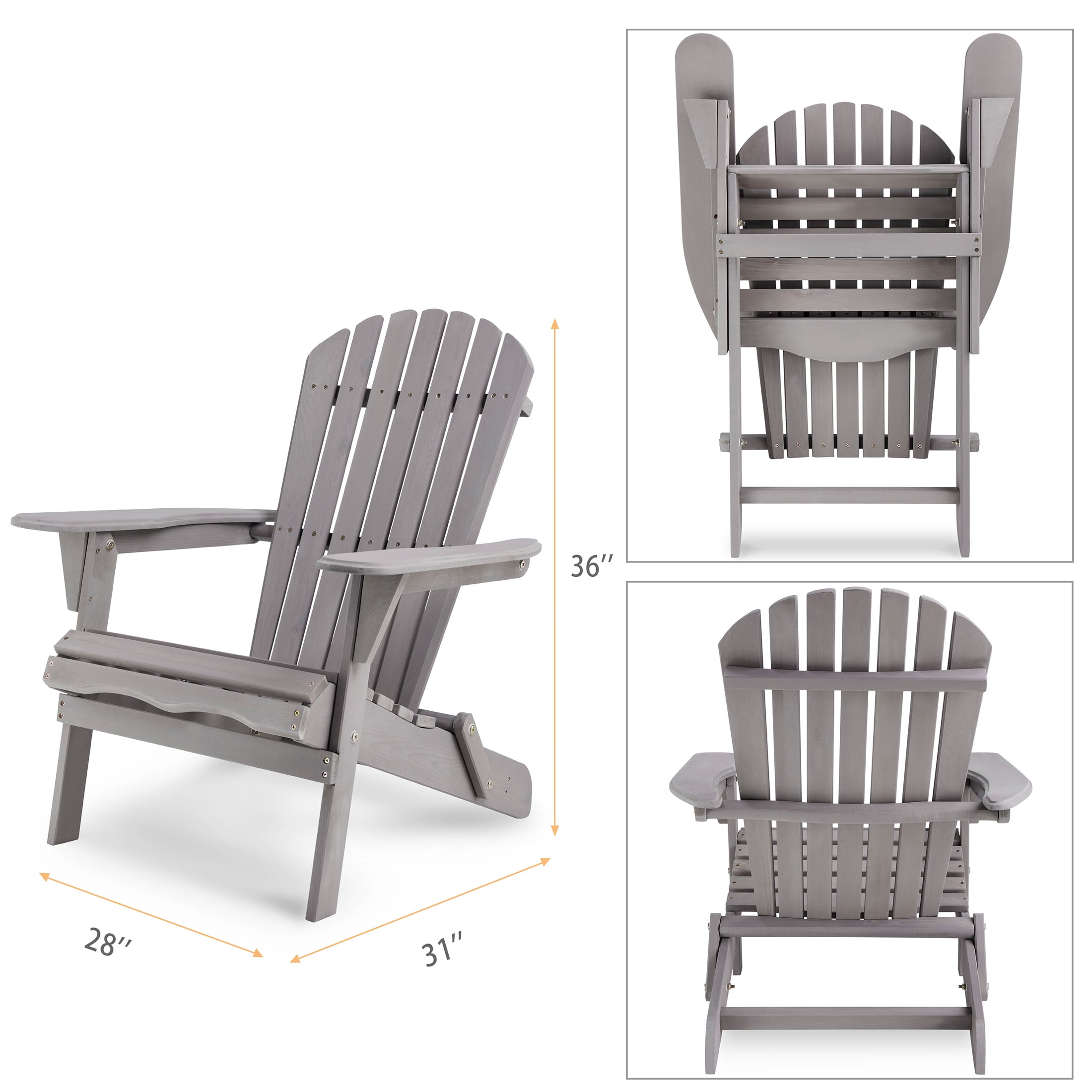 UHOMEPRO Folding Adirondack Chair Set of 4, Outdoor Weather Resistant Patio Lawn Chair, Wooden Fire Pit Chair for Outside Deck Garden Backyard Balcony, Patio Furniture Set Lounge Chairs, Gray A