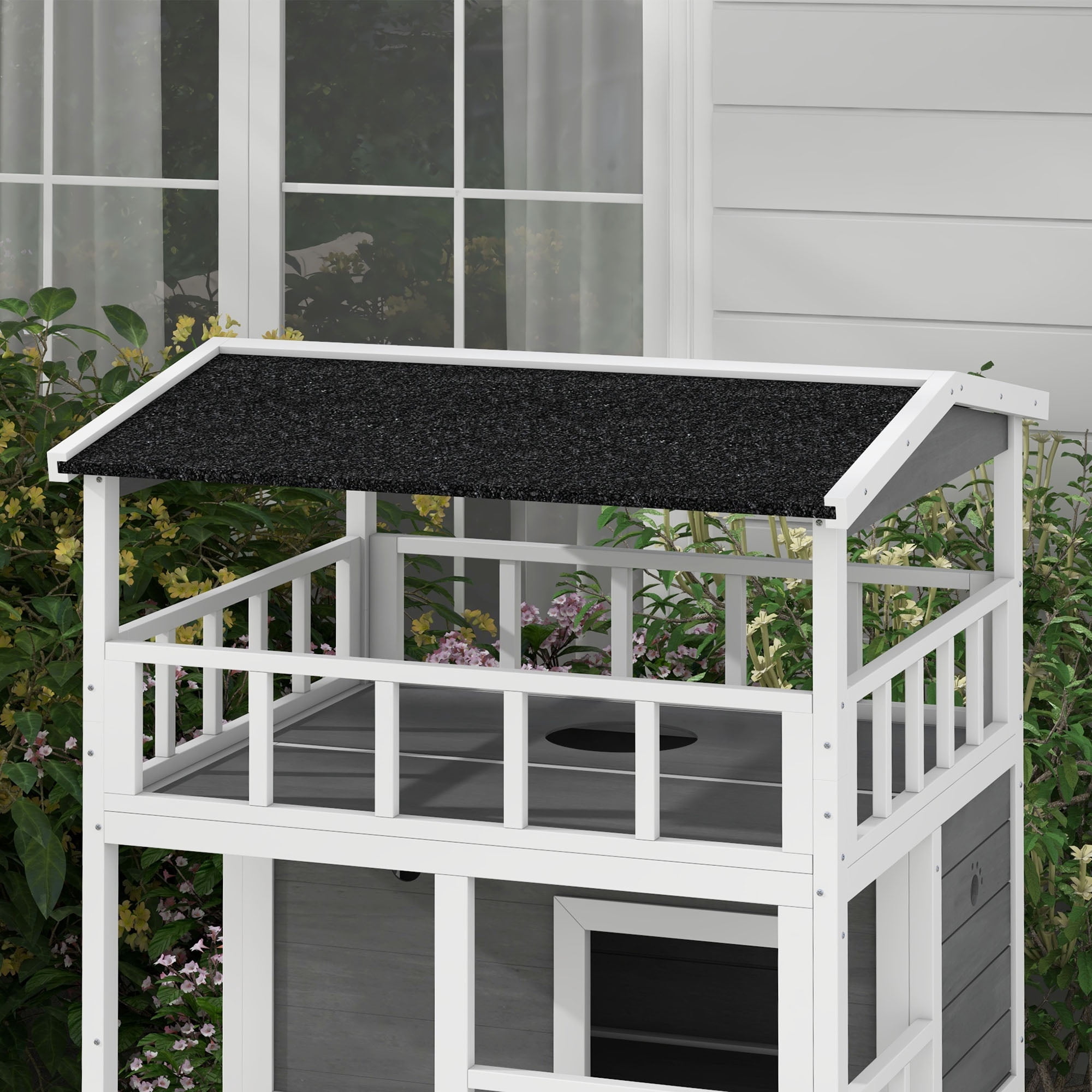 PawHut Wooden Outdoor Cat House, Feral Cat Shelter Kitten Tree with Asphalt Roof, Escape Doors, Condo, Jumping Platform, Light Gray