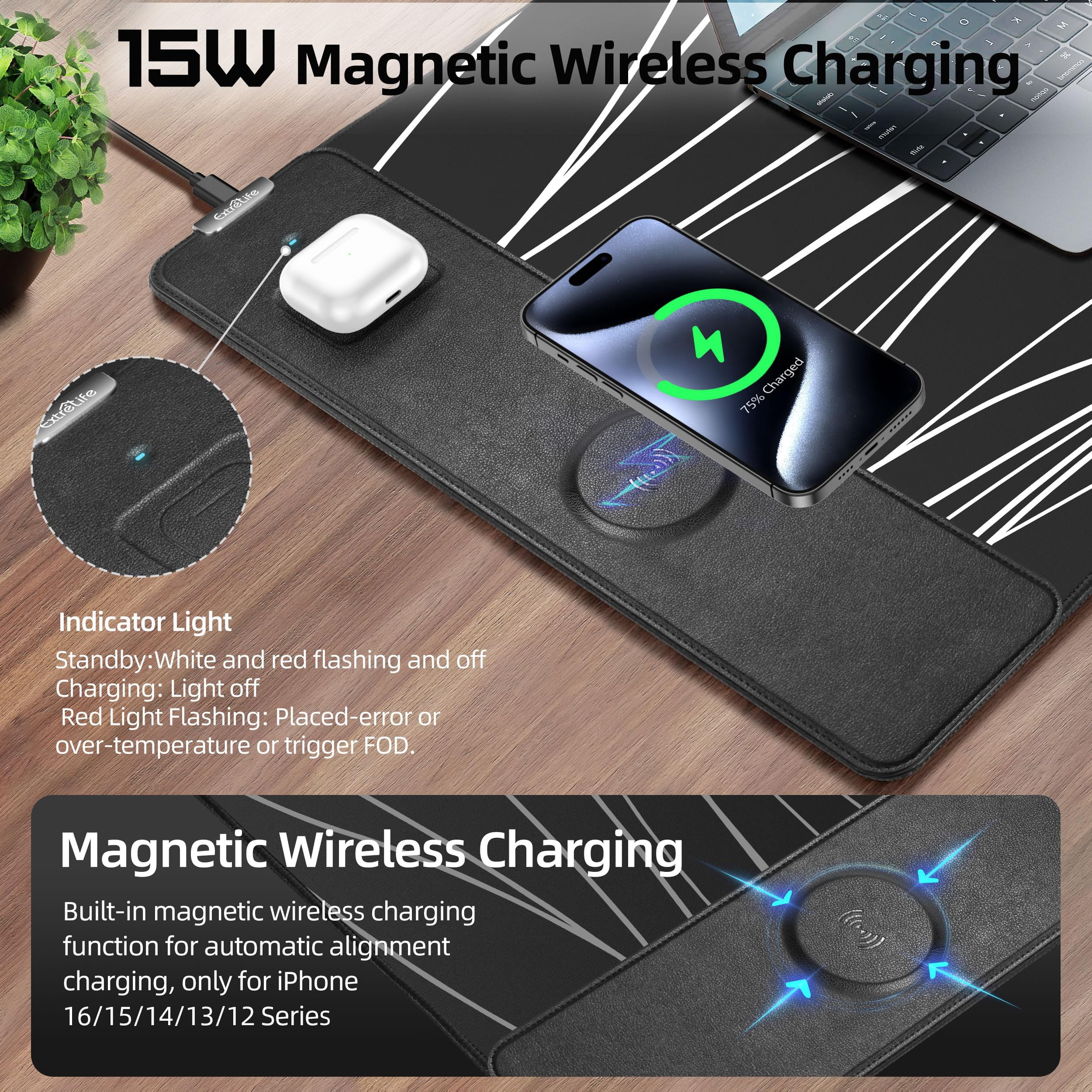 Extrelife RGB Gaming Mouse Pad with Magnetic Wireless Charger, Large Mouse Mat with 15W Fast Charging for Home, Office, School
