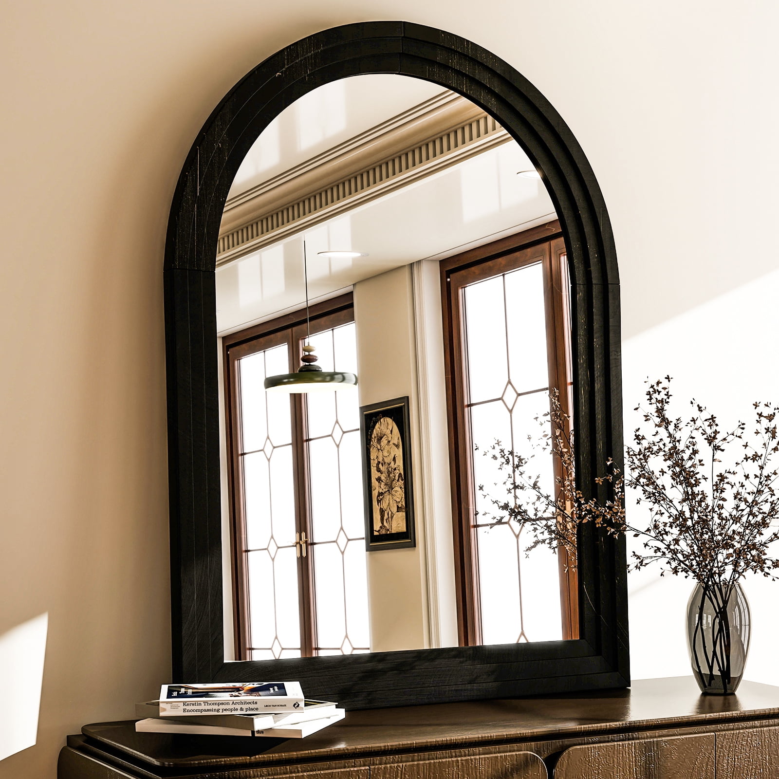 BEAUTYPEAK 24"x36"Arched Bathroom Mirror Wooden Framed Wall Mirror，Black