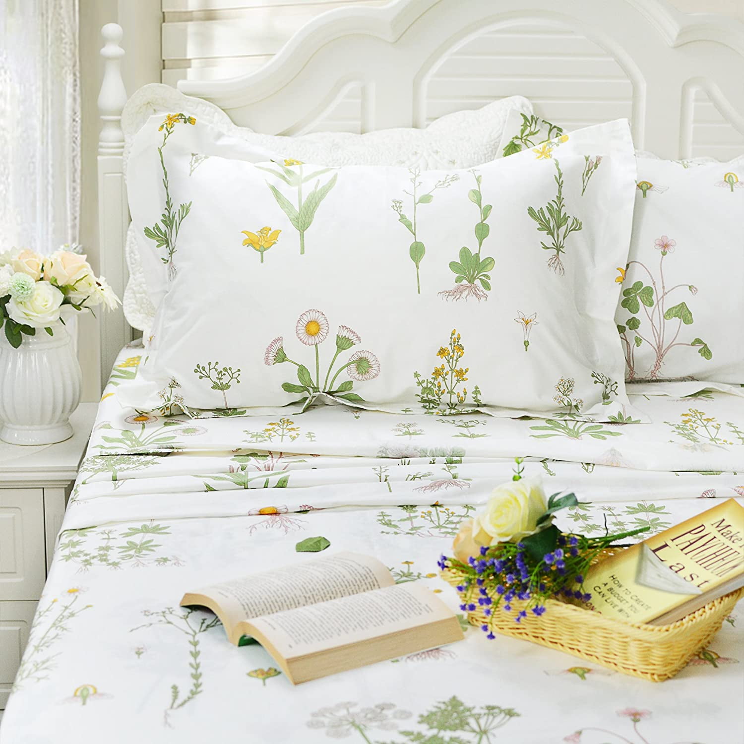 FADFAY Shabby White Floral Bed Sheet Set 100% Cotton Sheets Green Leaves 4Piece 